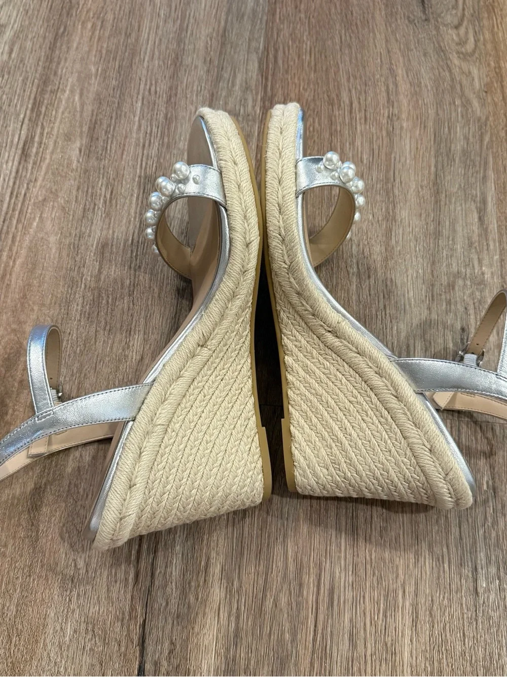 Stuart Weitzman Goldie Espadrille Wedges Silver Pearl Bridal Wedding Size 9.5